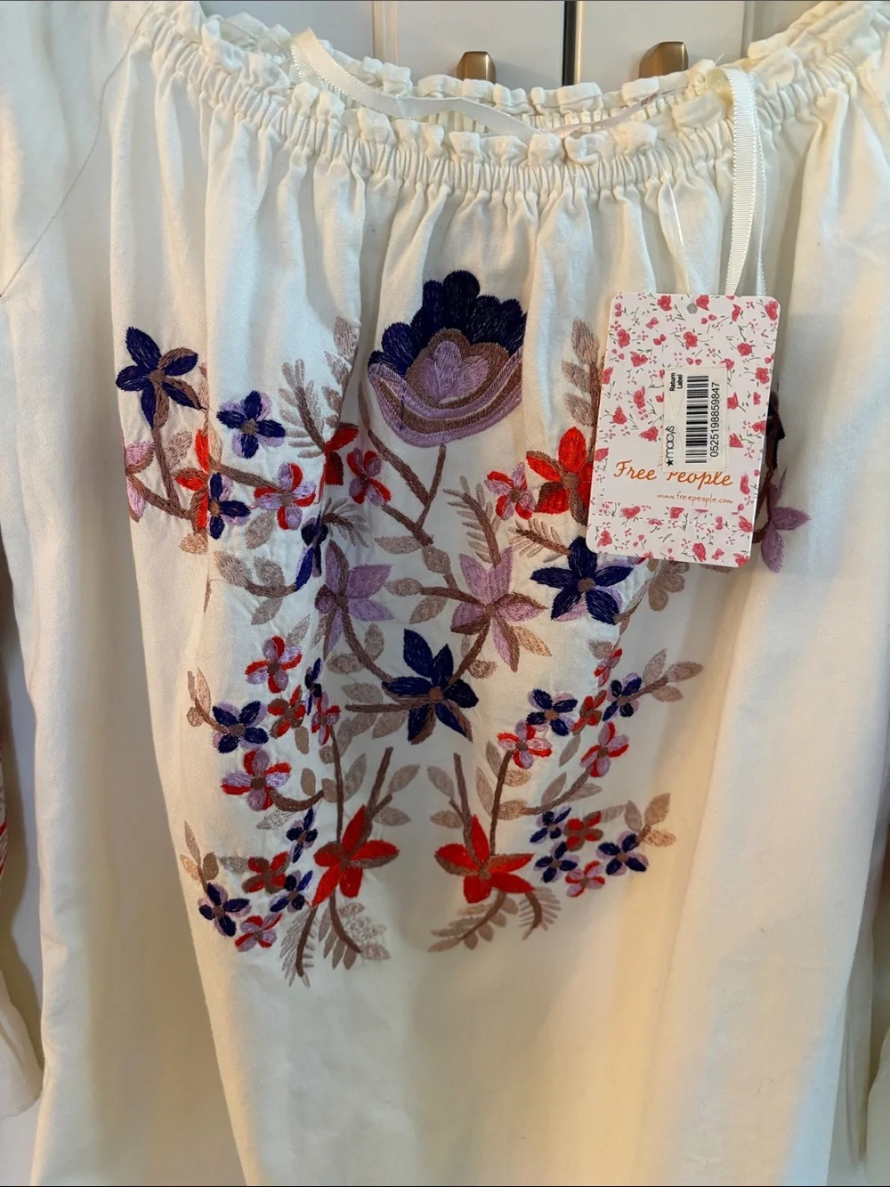 Free People White Peasant Mini Dress with Red and Purple Floral Embroidery